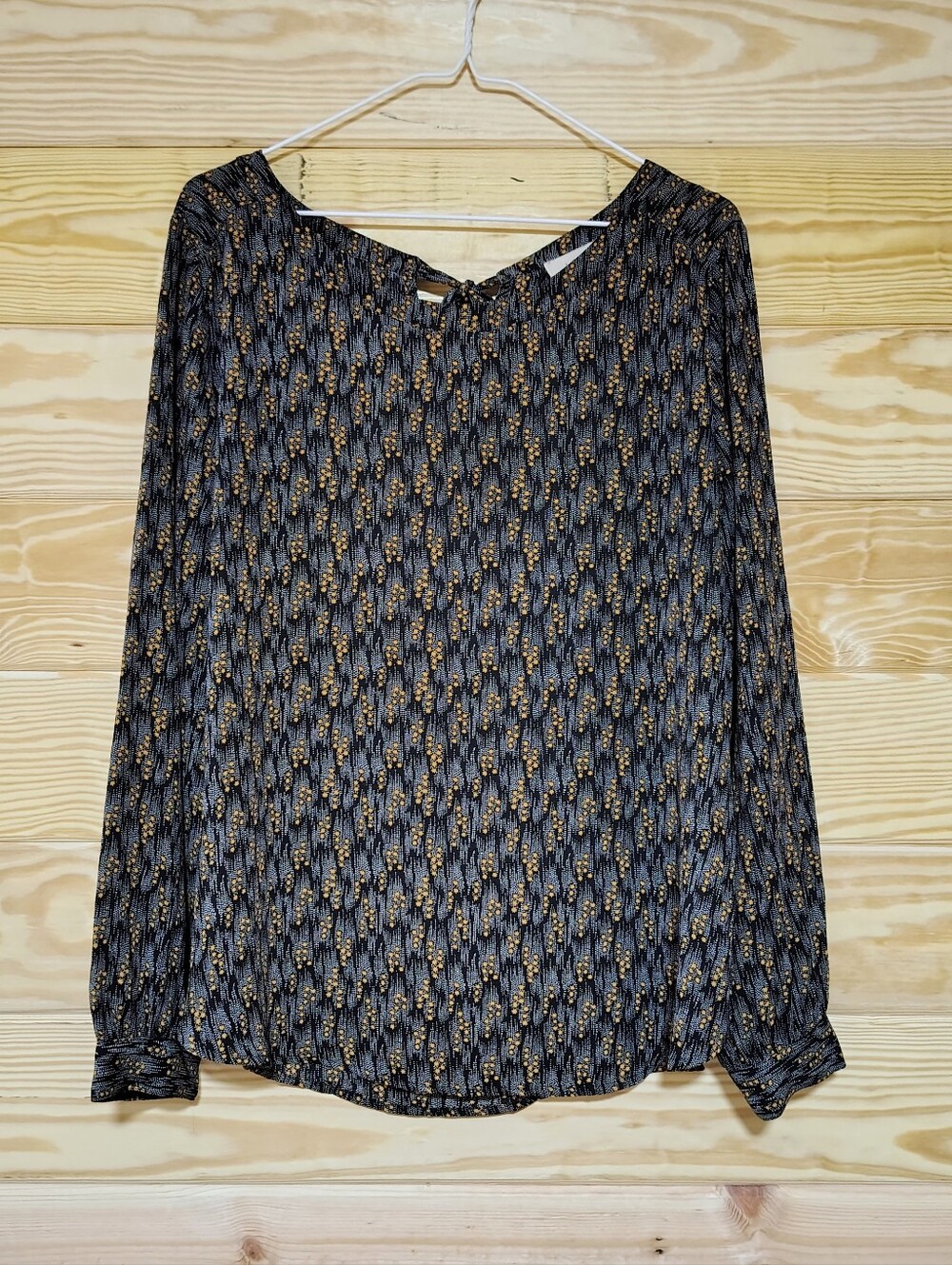 LOFT Outlet Black Mustard Top Large Tie Back Long Sleeve Button Cuff Flowy Boxy